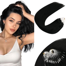 Sunny Black Micro Hair Extensions Human Hair 16inch Micro Bead Hair Extensions Human Hair Jet Black Cold Fusion Loop Hair Extensions Natural Micro Ring Hair Extensions Long Straight Black Hair 50g