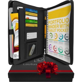 Black Zippered Leather Portfolio Binder - PU Leather Business Portfolio Organizer - Padfolio for Men & Women with US Letter Notepad, 10.5 Inch Tablet Pocket & Gift Box by Lautus Designs