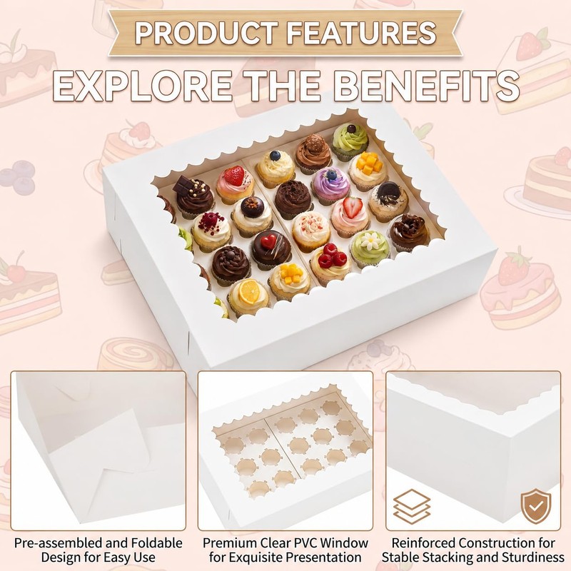 Anscher 24 Counts Mini Cupcake Boxes with Window 14x10x4 Inch