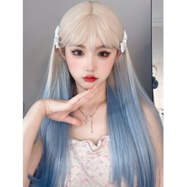 RyuuCos Women's Wig, Long Straight Harajuku, Long Hair, White and Blue Gradient Wig, Small Face, Heat Resistant, Disguise, Cosplay Events