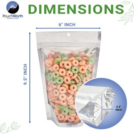 PouchWorth 100 Pieces 6" x 9" Resealable Stand Up Pouch Bags Mylar Food Packaging with Clear Window and Tear Notches