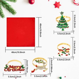 16 PCS Christmas Napkins and Ring Set, 8 Christmas Napkin Rings and 8 Red Christmas Napkins Cloth for Winter Christmas Holiday Dinner Party Table Decoration, Thanksgiving Table Decorations