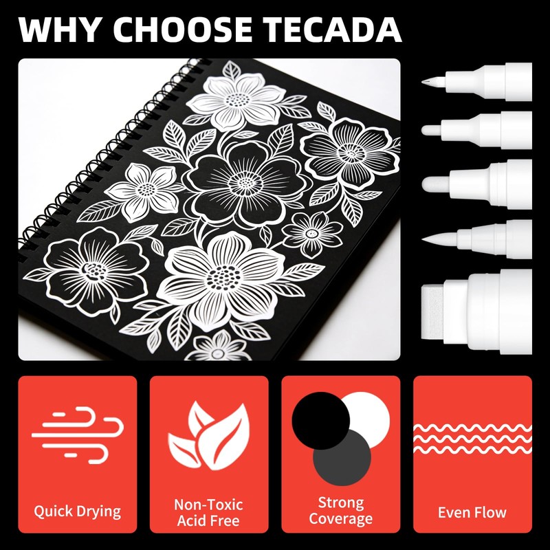 TECADA 5 White Paint Pens, 5 Different Tips Acrylic Paint