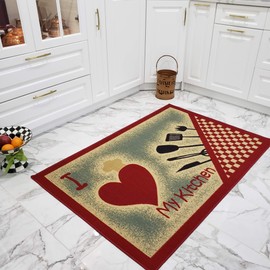 Kitchen Rugs and Mats - 39" x 58" (3X5) - Non Skid, Rubber Backing - Love My Kitchen, Heart Utencil Themed - Rectangle Area Rug