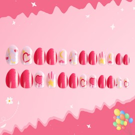 Kids Short Press on Nails Almond Fake Nails Red Glitter Adhesive False Nails Heart Star Press ons Acrylic Artificial Nails for Children 24 Pcs