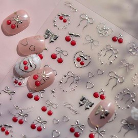 Bow Fruit Nail Stickers Cherry Heart 5D Embossed Nail Art Stickers Summer Cute Nail Decals DIY Self Adhesive Hearts Star Nail Design Nail Decoration for Women Supplies Manicure Accessories