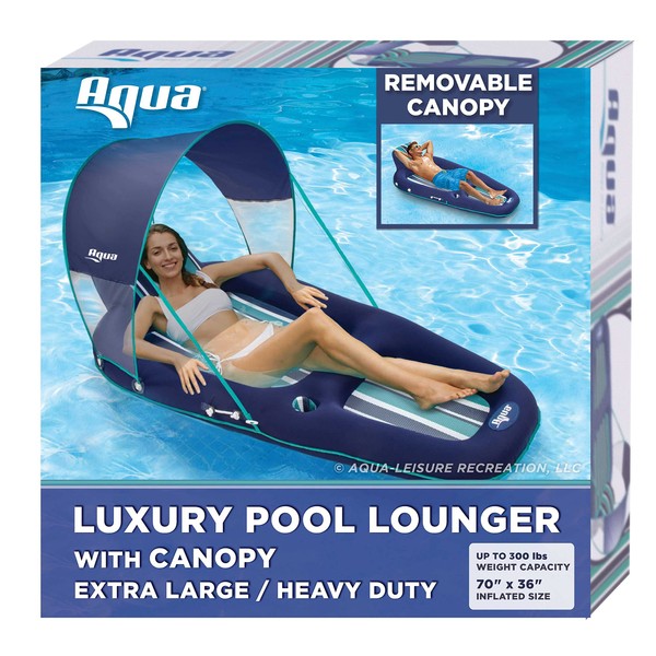 Aqua Oversized Ultimate Pool Lounger, Inflatable Pool Float with UPF 50 Sunshade Canopy, Heavy Duty, X-Large, Navy/Aqua/White Stripe