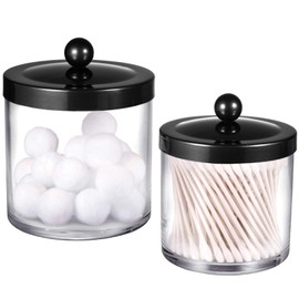 Premium Quality Plastic Apothecary Jars - Qtip Holder Bathroom Vanity Countertop Storage Organizer Canister Clear Acrylic for Cotton Swabs,Rounds, Balls,Makeup Sponges,Bath Salts / 2 Pack (Black)