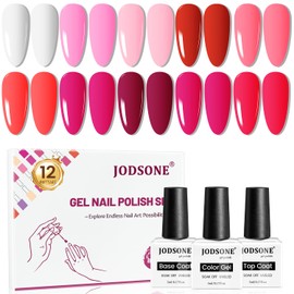 JODSONE 12 PCS Gel Nail Polish Base Gel and Top Coat Red Pink High Gloss Fashion Nail Polish Set