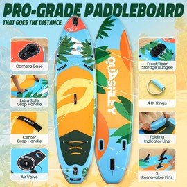 Quashley Inflatable Paddle Board 11ft×34 inch Extra Wider Stand Up Paddle Board Stable Inflatable SUP with 10L Waterproof Bag,Pump,Paddle,3 Removable Fins Blue Leaf