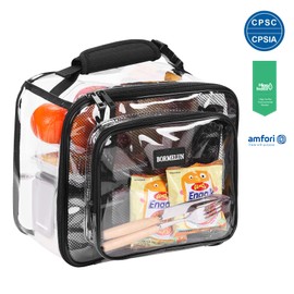 BORMELUN Clear Lunch Box Tranaparent Plastic Bag for School Kids Women Gril Work See through Concert Correctional Officer Approved with Tote Buckle Handle,Black(9.5x7.5x4 inches)