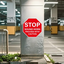YIKIADA 5 Pack Stop Sound Horn Proceed With Caution Sign Anti-Slip Traffic Floor Sticker 17 × 17 Inches Self Adhesive Vinyl Waterproof Decal for Workplace Warehouse Construction Site