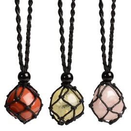 Anjiucc Natural Raw Gemstone Crystal Pendant Necklace Stone Holder Necklace Cord Hand-Woven Necklace with Adjustable Length for Women Men（3 PCS Red Jasper+ Yellow Jasper + Rose Quartz）