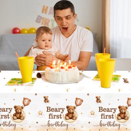 GREHUMOR 3Pack Beary First Birthday Tablecloths,Brown Teddy Bear 1st Party Decorations for Boy Girl,Large Disposable Rectangle Waterproof Table Covers for Beary One Year Old Birthday Table Supplies