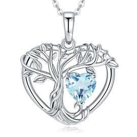 LOCIBLO Tree of Life Necklaces for Women 925 Sterling Silver Heart Pendant White Gold Light Blue Synthetic Aquamarine Necklace March Birthstone Jewellery for Her, 18"+2"