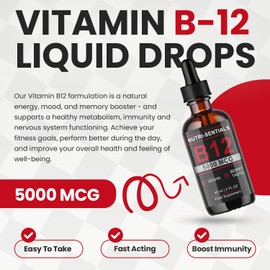 Nutri-Sentials Vitamin B-12 Liquid Drops - 5000 mcg Methylcobalamin High Strength Supplement, for Increasing Metabolism, Immunity, Energy and Improving Concentration & Mood - Vegan Berries Flavour, 60ml