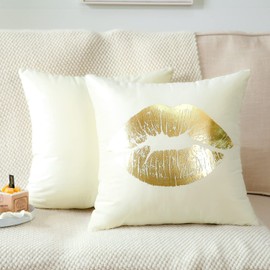 JOTOM Soft Velvet Cushion Covers Modern Bronzing Square Throw Pillow Covers Lips Pattern Decorative Pillowcase Cushion Case for Couch Living Room Sofa Car Bedroom Decoration 45 x 45cm Set of 2 (Cream)