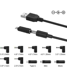 USB to DC 5V Power Cord, 5FT Universal DC 5.5x2.1mm Plug Jack Charging Cable with 10 Adapter Tips for LED Lights, Moon Lamp, USB-HUB, Mini Fan, Camera, Cartoon Watch, Mobile Phone Tablet and More.