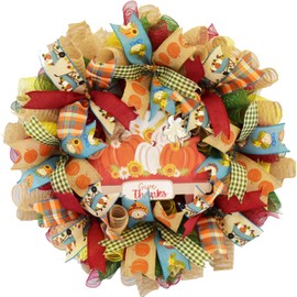 Give Thanks Fall Wreath – Thanksgiving Pumpkin Front Door Decoration – Autumn Harvest Porch Decor – 24 Inch