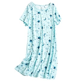 PNAEONG Women's Cotton Nightgown Sleepwear Short Sleeves Shirt Casual Print Sleepdress XTSY108-Blue Star-L