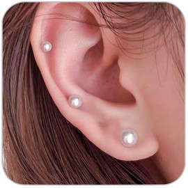 1Pairs Flat Back Dainty Pearl Earrings for Women - 14K Gold Hypoallergenic Cartilage Earring 4mm Faux Pearl Stud Earrings Screw Back Gold Stud Earrings for Women, Suitable Gifts for Women