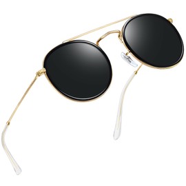 Joopin Polarized Double Bridge Circle Black Sunglasses UV Protection, Metal Gold Frame Sun Glasses Dark Flat lens, Big Round Sunnies Beach