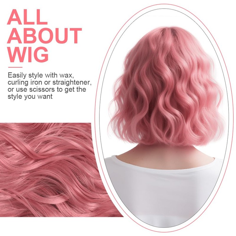 Short Curly Pink Bob Wig with Bangs, Wavy Hair Synthetic