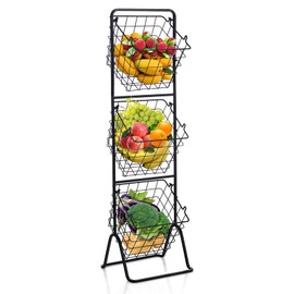 Giantex 3-Tier Wire Basket Stand, Freestanding Market Basket Stand for Fruit Potato Onion Vegetables, Metal Hanging Tilting Storage Baskets with Serving Stand for Kitchen Pantry