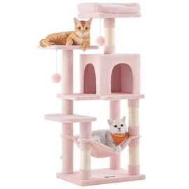 Feandrea Cat Tree, 44.1-Inch Cat Tower, Plush Multi-Level Condo with 4 Scratching Posts, 2 Perches, Hammock, Cave, Jelly Pink UPCT261P01