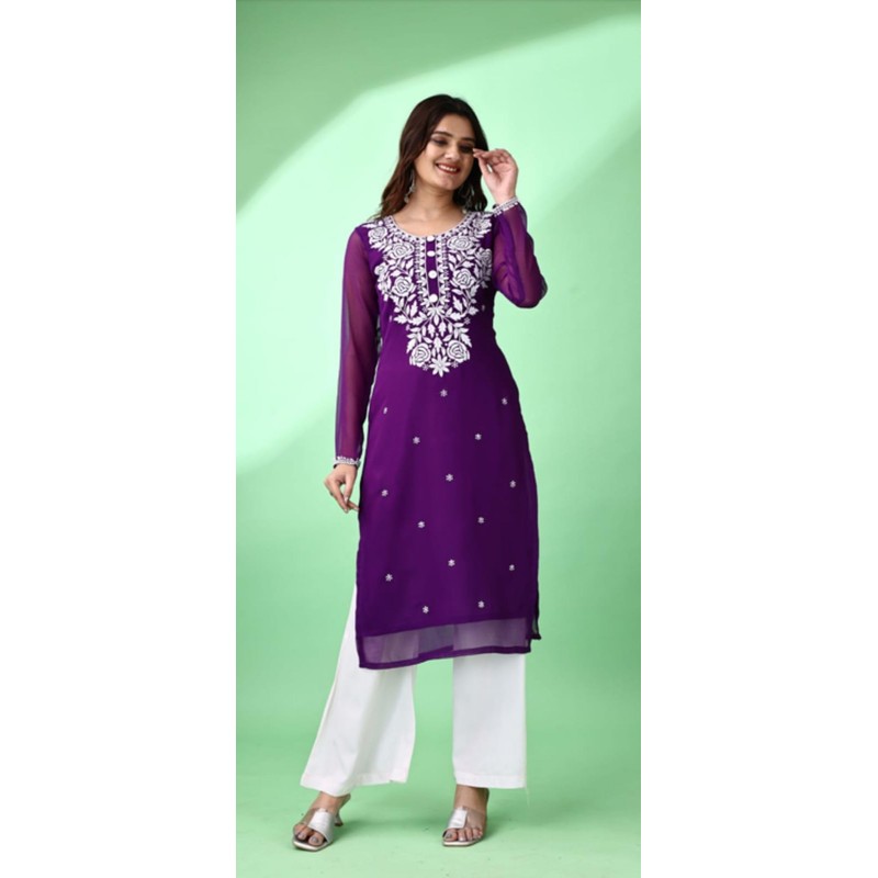 Estationeryhouse Women's Georgette Lucknowi chikankari kurti, Rose Design with Heavy