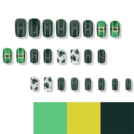 TailaiMei 24Pcs St. Patrick's Day Press on Nail, Green Shamrock Irish Design False Fingernails with Self-Adhesive Jelly Nail Glue Tabs, Artificial Nails Acrylic Full Cover Nails for Women(142)