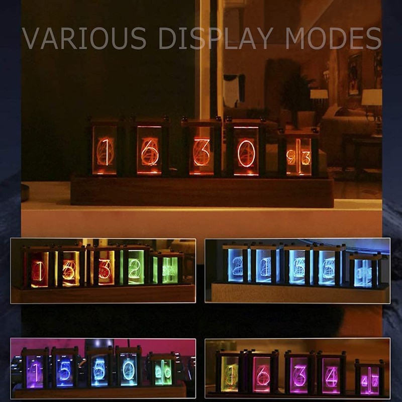 Adventurers Nixie Tube Clock,Walnut Wood RGB Digital Clock,Retro Modern Desktop