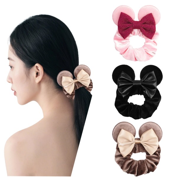 zhezesmila 3 Pack Velvet Mouse Ears Scrunchies with Bow for