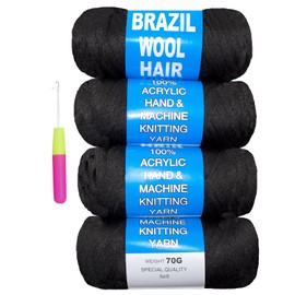 4 Roll Natural Black Brazilian Wool Hair Yarn for Jumbo Braids Braiding Hair for Soft Faux Locs Goddess Locs Hair Extension Senegalese Twist Crochet Hair for Black Women (1B, 4Roll)