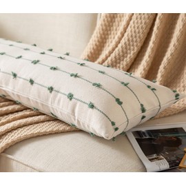 Caflife Boho Lumbar Throw Pillow Covers 14x36 inches Long, Farmhouse Decorative Body Lumbar Pillow for Bed and Sofa, Living Room Home Decor Couch Green Lumbar Pillowcase, Pack of 1