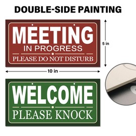 Double-Sided Office Door Hanger Sign, Acrylic Welcome Please Come In, Meeting In Progress Please Do Not Disturb, Red/Green and Wood Grain Options