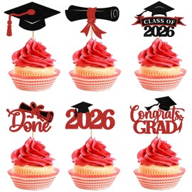 Decoraciones para cupcakes de graduación 2026, paquete de 36 unidades, con purpurina roja para la clase de 2026, felicitaciones graduadas, diploma de graduación, selecciones para cupcakes para decoración de fiestas de graduación 2026