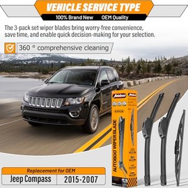 AUTOBOO Limpiaparabrisas de 22 + 20 pulgadas con limpiaparabrisas trasero de 11 pulgadas de repuesto para Jeep Compass 2007 2008 2009 2010 2011 2012 2
