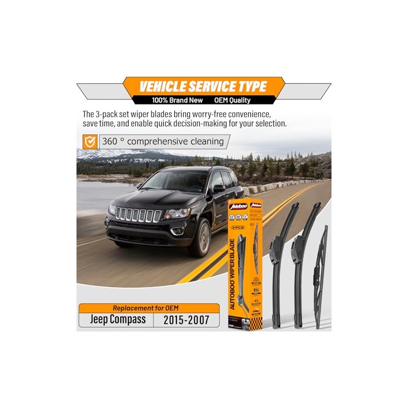 AUTOBOO Limpiaparabrisas de 22 + 20 pulgadas con limpiaparabrisas trasero