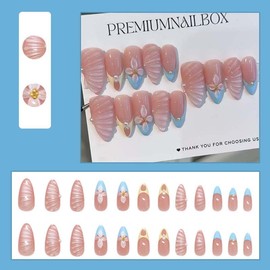 24Pcs French Press on Nails Short Almond with 3D Flower Pearl Design-LINMEIZAI Fake Nails Press ons Nail Tips Glue on Nails Full Cover Acrylic Nail Kit False Nails Stickers Nail Art for Women Manicure