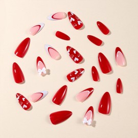 Valentines Press on Nails Medium Almond Fake Nails With White Heart 3D Bow Charms Design White Red French Tip False Nails Full Cover Stick on Nails Romantic Artificial Nails for Women 24 Pcs