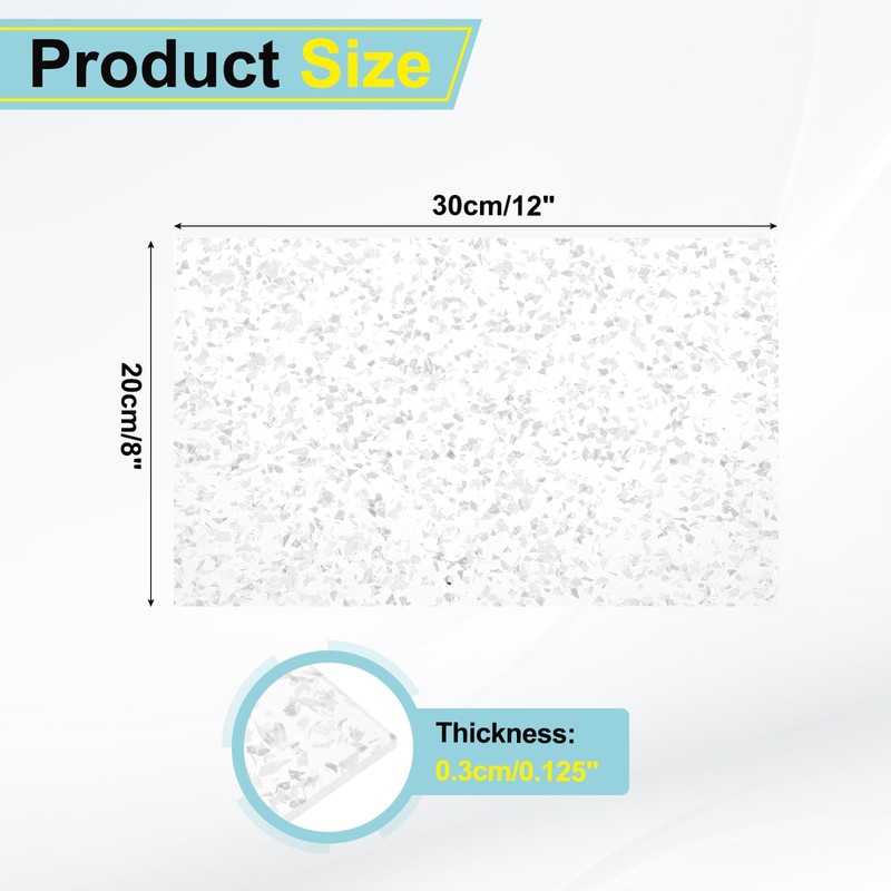 MECCANIXITY 1Pcs White Glitter Acrylic Sheets 1/8" Thickness 12"x8" Transparent