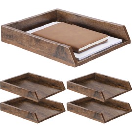 DoubleFill 4 Pcs Wooden Letter Trays Wood Letter-Size Desk Organizer Heavy Duty 2 Tier Stackable Supports Paper Tray Desktop Drawer Organizer File Folder Magazine Office Accessories (Dark Wood)