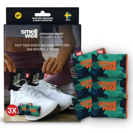 SmellWell - Scented Shoe Deodorizer Inserts - Odor Eliminators - Activated Bamboo Charcoal + Minerals - Natural Fresheners for shoes, bags, gloves - 6 x 1.8oz Original Size - Camo Green