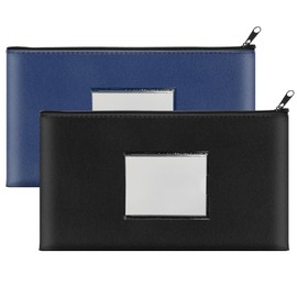 2 Pack Money Bags with Zipper, Bank Pouch with Label, 11 x 6.1 Inch PU Leather Cash Deposit Holder for Coins, Invoice, Bills, Cosmetics, Tools (Black & Navy Blue)