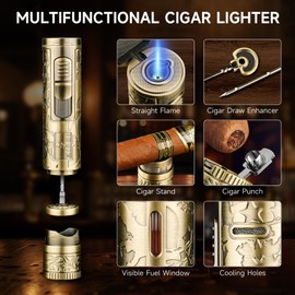 XIFEI Torch Lighter, 4-in-1 Cigar Lighter with Jet Flame, Punch, Holder, Draw Enhancer, Windproof Refillable Butane Lighters, Multi-Functional Cigar Accessories Gift for Men (Bronze)