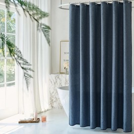 Youngseahome Boho Shower Curtain for Bathroom, Denim Blue with Border, Faux Linen Fabric with 12 Hooks, Hotel Quality, 72 x 84 Inches