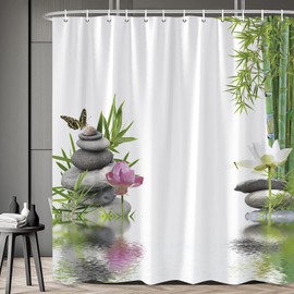 Zen Shower Curtain Green Bamboo Spa Garden Stone Meditation Japanese Lotus Flower Butterfly Simple Bathroom Decor Durable Polyester Fabric Curtains with Hooks 70x70In