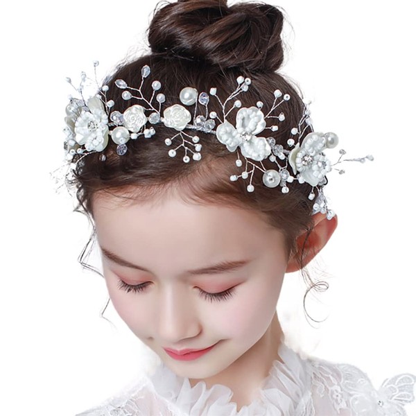 Campsis Flower Girl Headpiece White Princess Pearl Floral Headband Bride Bridal Rhinestone Communion Crystal Hair Accessories Prom Photography for Girls and Women