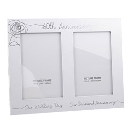 Happy Homewares Beautiful Matt White Double Picture Frame for 60th Wedding Anniversary with Silver Foil Text | Wedding Day Space and 60th Diamond Anniversary